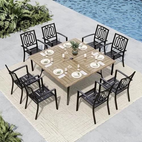 Vista 14 de MFSTUDIO Juego de mesa y sillas de patio, juego de muebles de patio para 8, 8 sillas de metal y 1 mesa de comedor cuadrada con agujero ajustable