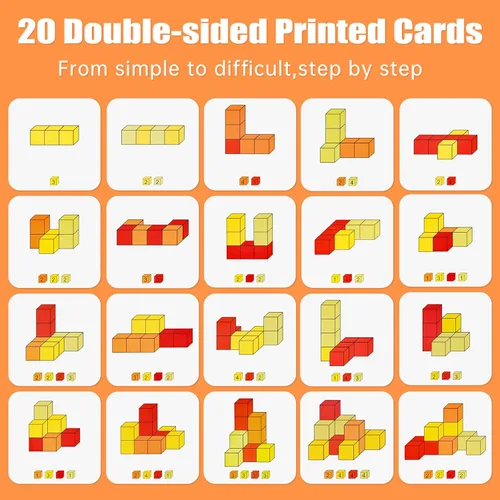 Vista 3 de Cubo de madera de juguete 16 piezas de bloques de construcción para niños, 40 tarjetas de patrón y bolsa de almacenamiento, 4 colores 3D juego