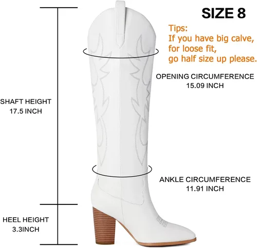 Vista 2 de Mostrin Botas vaqueras bordadas para mujer, botas vaqueras con punta puntiaguda, botas altas hasta la rodilla, tacón grueso, botas occidentales