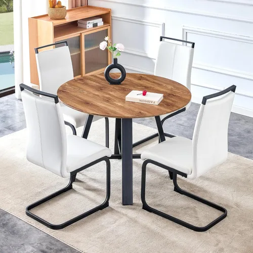 Vista 18 de Juego de 4 mesas de comedor redondas de 42 pulgadas para 4, sillas de mesa de cocina modernas, juego de 4 sillas tapizadas de madera con patas