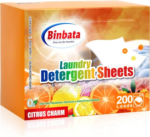 Binbata Hojas de detergente para ropa, 200 cargas, aroma cítrico, hipoalergénicas, ecológicas, biodegradables, sin plástico, sin líquido, aptas para