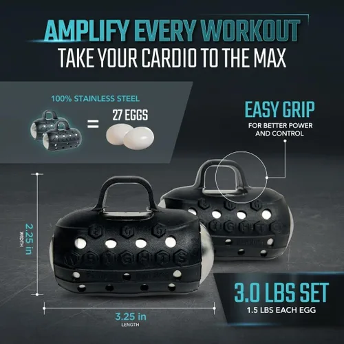 Vista 4 de Egg Weights Cardio Max 3.0 lbs. Juego de mancuernas de acero inoxidable con bucle antideslizante de silicona para dedos para entrenamiento, fitness