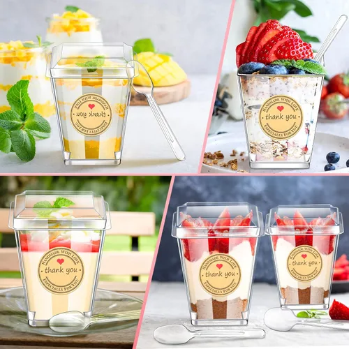 Vista 6 de Sieral Paquete de 100 tazas de plástico de postre de 5 onzas con tapas, cucharas, calcomanías, mini vasos transparentes de yogur para aperitivos