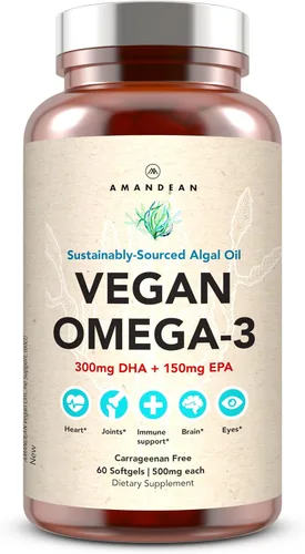 AMANDEAN Suplemento vegano de Omega 3. Alternativa de aceite de pescado de primera calidad. Algas DHA y EPA. Cápsulas blandas sin carragenina.