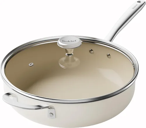 Redchef Sartén Salteadora de Cerámica con Tapa, Sartén Profunda Antiadherente para Freír, Cocinera Jumbo de 5QT con Mango Auxiliar y Tapa, Sartén de