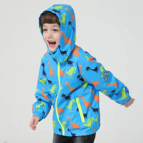 Vista 3 de Chaqueta impermeable con capucha para niños y niñas, chubasqueros para exteriores, rompevientos y dinosaurios, chaqueta de lluvia