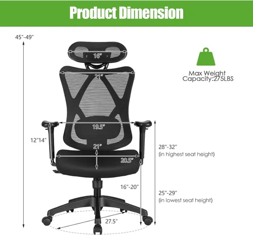 Vista 3 de Ergonomic High-Back Office Chair with Adjustable Lumbar Support, Mesh Desk Chair with Adjustable Headrest, Big and Tall Computer Chair with