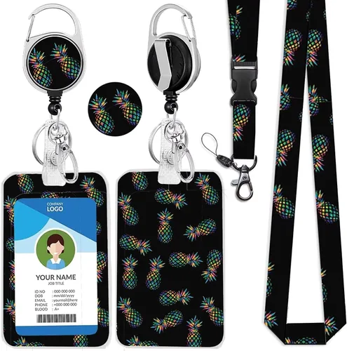 Vista 84 de Portatarjetas blanco con cordón para tarjetas de identificación, carrete retráctil negro con clip de mosquetón, tarjetero de identificación