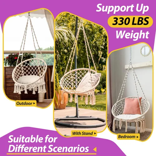 Vista 4 de Patio Watcher Silla hamaca colgante de macramé con cojines y kits de herramientas máximo 330 libras silla columpio de cuerda de malla tejida hecha a