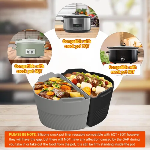 Vista 2 de Revestimientos de silicona para olla de cocción lenta compatibles con Crock Pot de 6-8 QT, divisor de olla de cocción lenta permite cocinar dos