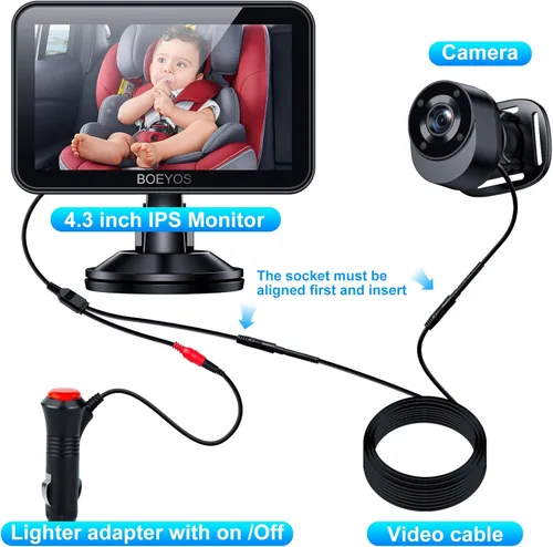 Vista 5 de Espejo de coche para bebé, cámara de automóvil de 4.3 pulgadas, HD 1080P, monitor de bebé con visión nocturna, ángulo de visión ajustable, fácil
