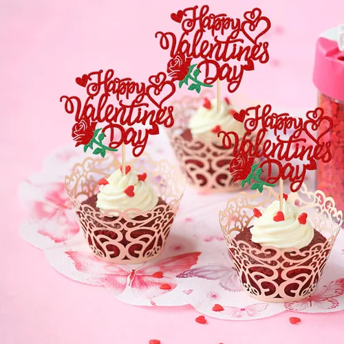 Vista 3 de 24 piezas de decoración para cupcakes para el día de San Valentín con purpurina, rosa, dulce amor, corazón, Be My Valentine para cupcakes temáticos
