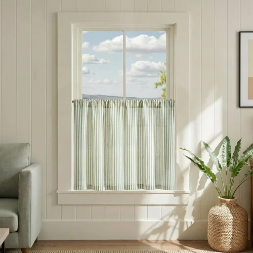 Vista 53 de jinchan - Cortinas de lino a rayas para cocina de 20 pulgadas de largo, cortinas de varios niveles, estilo granja moderna de café, tratamientos
