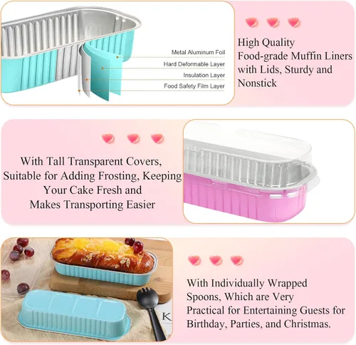 Vista 3 de DI QIU REN Paquete de 50 mini moldes desechables para pan con tapa y cuchara, 6.8 onzas rectangulares para hornear, mini molde para tartas, molde