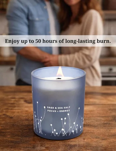 Vista 3 de Vela perfumada de soja con mecha de madera de sal marina de salvia blanca, 10.6 onzas, vela de salvia para limpieza de casa, vela de limpieza