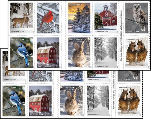 Vista 2 de USPS Winter Scenes Forever - Libro de sellos postales de 20 sellos de primera clase del servicio postal de EE.UU., celebraciones navideñas