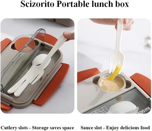 Vista 8 de Bento Box - Lonchera para adultos, recipientes de 44 onzas con 4 compartimentos, contenedor de alimentos con utensilios, tarro de salsa, apto