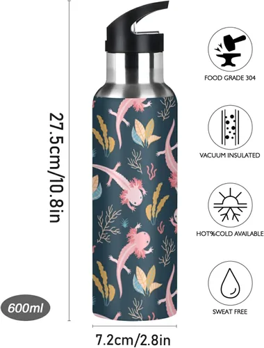 Vista 3 de Mexican Axolotl Sport - Botella de agua deportiva con tapa de pajilla, doble pared aislada al vacío, botella de agua de acero inoxidable de 20 onzas