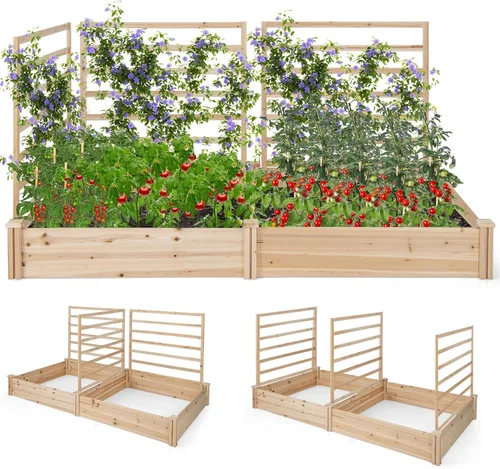 Vista 10 de S AFSTAR Cama de jardín elevada con enrejado y 2 jardineras, 88" x 25" x 53" kit de jardinera de madera para exteriores para flores, hierbas