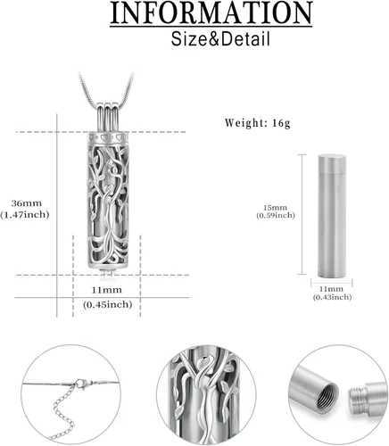 Vista 2 de Collar de urna celta de flores, barra cilíndrica, collar de urna en forma de corazón para cenizas, árbol de la vida, joyería de cremación, collar