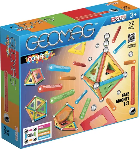Geomag - Confeti - Juego de construcción magnético de 32 piezas, juguete de construcción de tallo certificado, seguro para niños de 3 años en