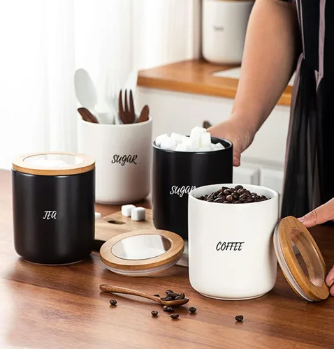 Vista 5 de Sello de almacenamiento de alimentos de cerámica de color puro Pot Spice Jar Sugar Bowl con tapa de bambú-café-negro