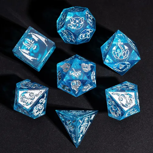 Vista 7 de Cusdie Juego de dados DND de bordes afilados de 7 piezas, lindas calcomanías de gato negro en el interior, perfecto para juegos de rol de mesa