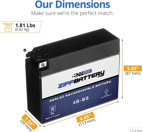 Vista 3 de ZIPPBATTERY YTX4B-BS 12V 40 CCA AGM – Batería de 2Ah libre de mantenimiento para scooter, mini ATV, bicicleta de bolsillo – Terminal de pestaña