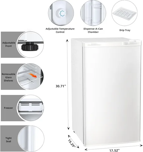 Vista 4 de Antarctic Star Mini refrigerador compacto con congelador, 3.2 pies cúbicos puerta individual con termostato ajustable, estantes de vidrio removibles