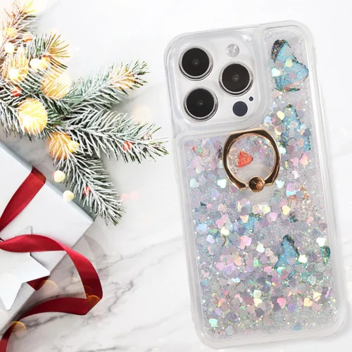 Vista 6 de Funda con purpurina con soporte de anillo compatible con iPhone 15 Pro, funda con purpurina transparente, soporte de anillo con soporte de TPU suave