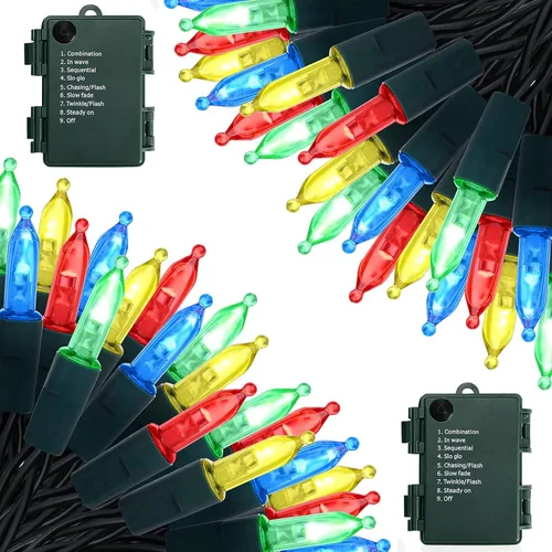 Vista 11 de Luces de Navidad a pilas, paquete de 2 mini tiras de 50 luces LED de 17 pies con 8 modos de temporizador automático, luces de árbol impermeables