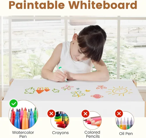 Vista 12 de INFANS Juego de Mesa y Silla para Niños, Escritorio de Actividades de Madera de Bloques de Construcción 4 en 1 con Superficie Reversible, Cajones