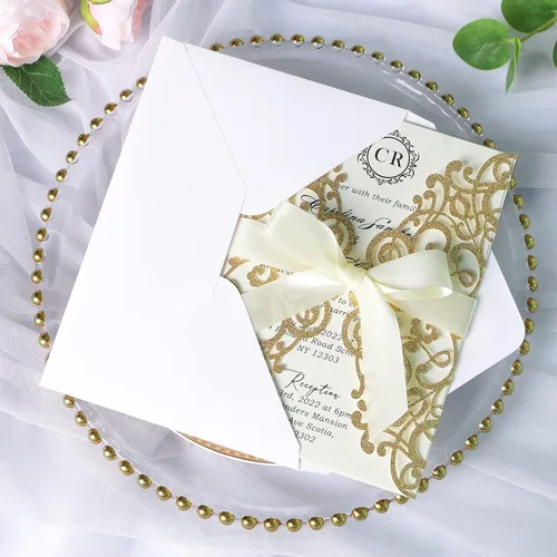Vista 26 de ponatia 25 tarjetas de invitaciones de boda de 5.12 x 7.1 pulgadas con purpurina plateada cortadas con láser con sobres para tarjetas de invitación