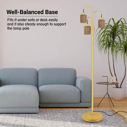 Vista 3 de Lámpara de pie industrial BoostArea para sala de estar, lámpara de pie moderna dorada con 3 luces, lámpara de pie para pararse con diseño simple