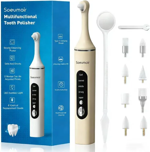 Vista 10 de Tooth Polisher,Rechargeable Tooth Whitening Kit for Teeth Cleaning and Whitening, with 8 Brush Heads, LED Light, 5 Speed Modes Dental Polisher