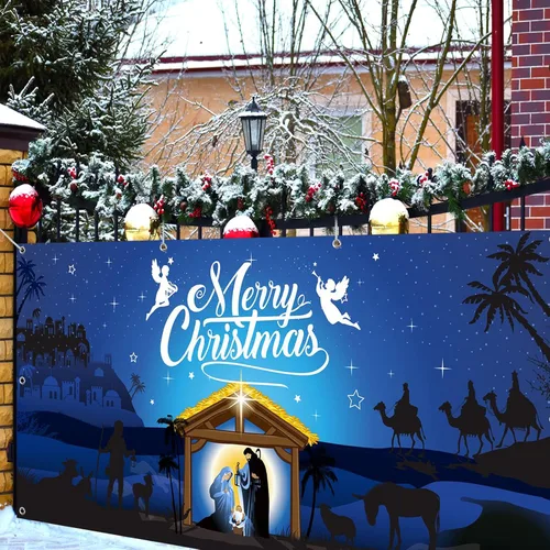 Vista 4 de Christmas Nativity Garage Door Banner Cover Decorations 6x13ft, Extra Large Fabric Nativity Scene Christmas Backdrop Photo Booth Background Yard