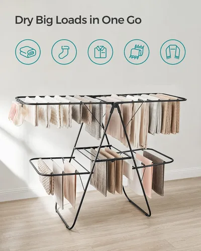 Vista 3 de SONGMICS Tendedero de Ropa, Tendedero de Lavandería Plegable de 2 Niveles, Tendedero de Pie Independiente, con Alas Ajustables en Altura, 33 Rieles