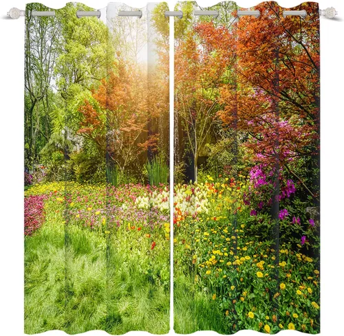 Vista 129 de Cortinas opacas para ventana con vista de cascada, día soleado, amanecer, primavera, paisaje natural, cortinas de ventana con aislamiento térmico