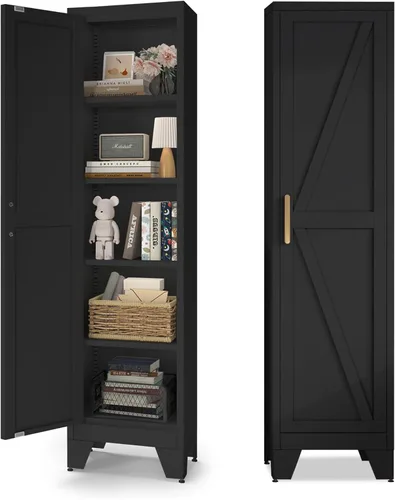 Vista 21 de COFaR Armario Negro de Almacenamiento de Despensa de Cocina Estilo Granja con 2 Puertas de Granero, 3 Estantes Ajustables y Patas