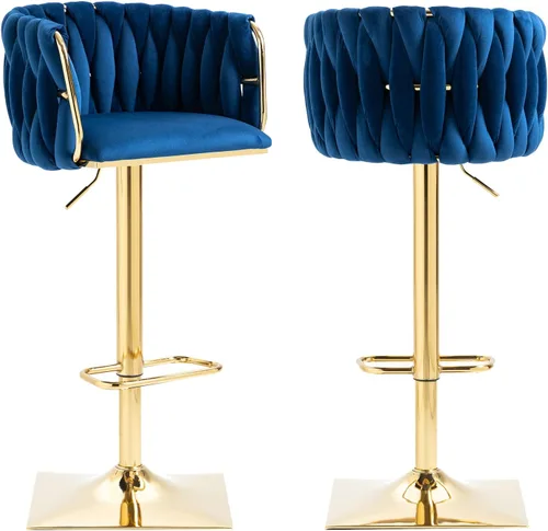 Vista 14 de Juego de 2 taburetes de bar giratorios de terciopelo, taburetes de bar ajustables y cómodos, silla de comedor moderna con respaldo tejido, taburetes