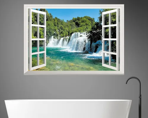 Vista 3 de FLFK Adhesivo de pared falso para ventana, mural de pared de cascada para decoración de pared, calcomanías de pared para pegar y despegar, 24 x 16