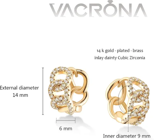 Vista 5 de VACRONA - Aretes huggies (de presión), pequeños, livianos y simples, en forma de argollaarracada, chapados en oro de 14 quilates, con circonia
