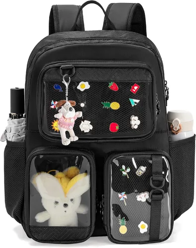 Ita Bolso con Pin de Exhibición Mochila con Inserción, Mochila Estética Kawaii con Funda para Laptop para Cosplay y Concierto, Negro, Mediana,
