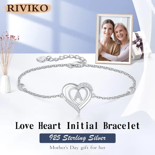 Vista 2 de RIVIKO Pulseras con iniciales de corazón para mujer, plata de ley 925, delicadas pulseras de letras, dije personalizado con inicial, joyería