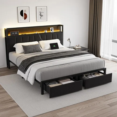 Vista 7 de CIKUNASI Base de cama tamaño Queen con cabecero y cajones de almacenamiento, base de cama con estación de carga de almacenamiento, marco de cama