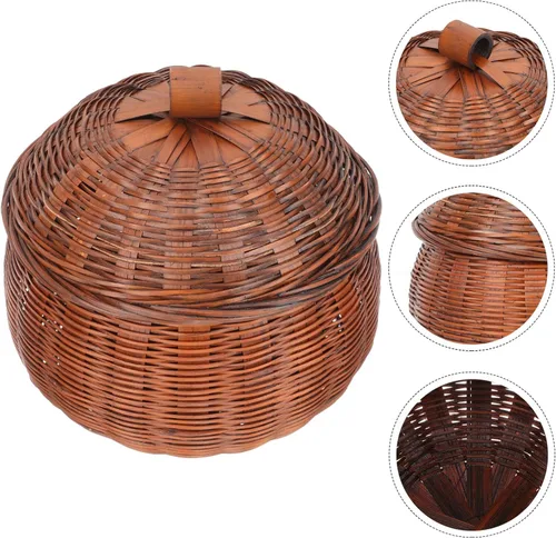 Vista 5 de ABOOFAN Cesta de almacenamiento de mimbre de 5.9 in con forma de calabaza, cesta de huevos con tapa, cesta de pan de alimentos, cesta de aperitivos