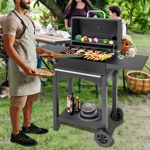 Vista 9 de Parrilla de carbón para exteriores con mesa lateral doble, parrilla de barbacoa con área de cocción de 343 pulgadas cuadradas para cocinar al aire