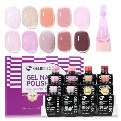 gelike ec Juego de esmaltes de gel de gelatina: 10 colores de gel de uñas con base y capa superior, libre de hema y segura, cobertura de capa de
