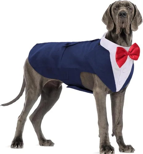 Vista 12 de DORA BRIDAL Esmoquin para perros pequeños, traje de perro y corbatín, traje formal de boda para perros, conjunto de esmoquin y bandana