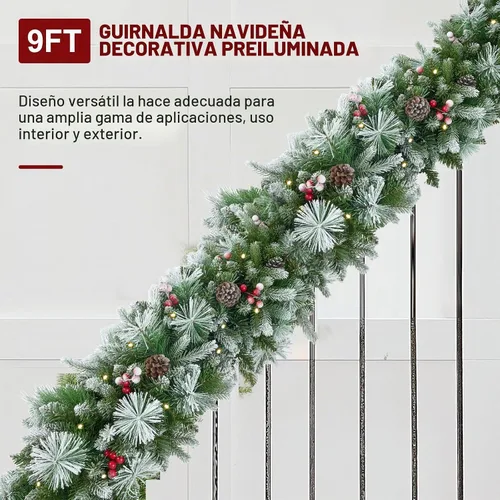 Vista 4 de Guirnalda de Navidad artificial preiluminada de 9 pies con 50 luces LED, funciona con pilas, decoraciones navideñas con rama de 300 puntas
